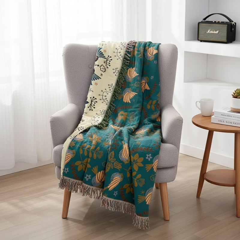 Handgefertigte Baumwolldecke mit Stickerei – Doppelseitiges Blumen- und Vogelmotiv