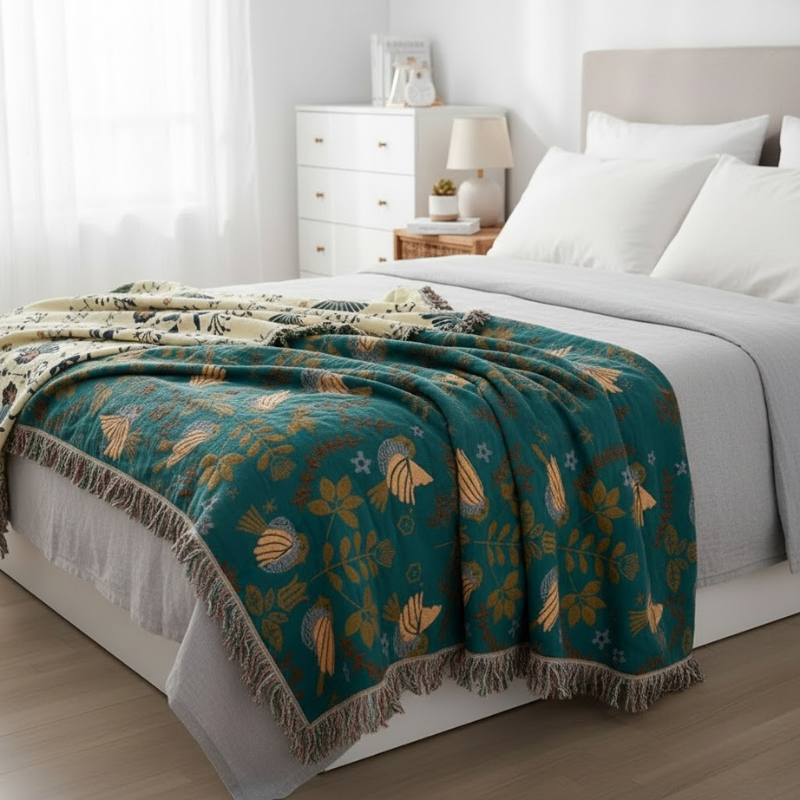 Handgefertigte Baumwolldecke mit Stickerei – Doppelseitiges Blumen- und Vogelmotiv