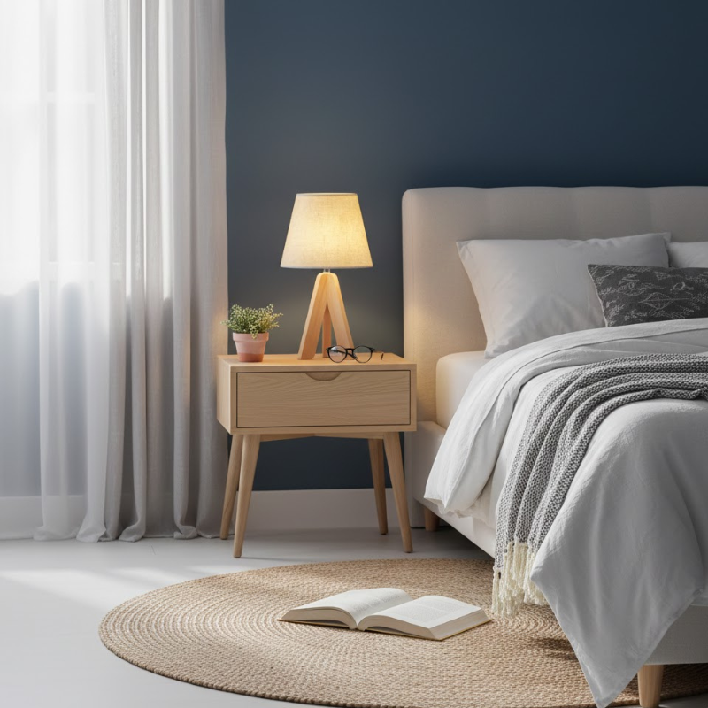 Moderne LED-Lampe im Bohème-Stil – Konischer Schirm auf Holzstativ