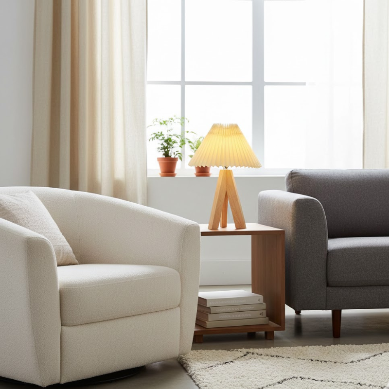 Moderne LED-Lampe im Bohème-Stil – Konischer Schirm auf Holzstativ