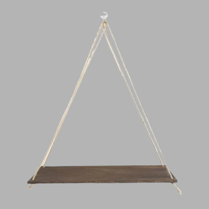 Rustikales wandmontiertes Schaukelregal aus Holz – Aufbewahrung im Seilstil für die Inneneinrichtung