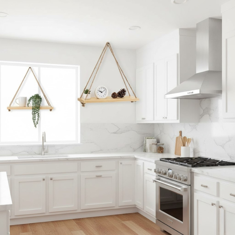 Rustikales wandmontiertes Schaukelregal aus Holz – Aufbewahrung im Seilstil für die Inneneinrichtung