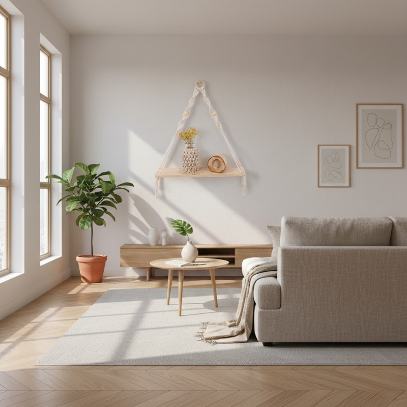 Handgefertigtes Schaukelregal aus Makramee-Seil – rustikale Wanddekoration aus Holz