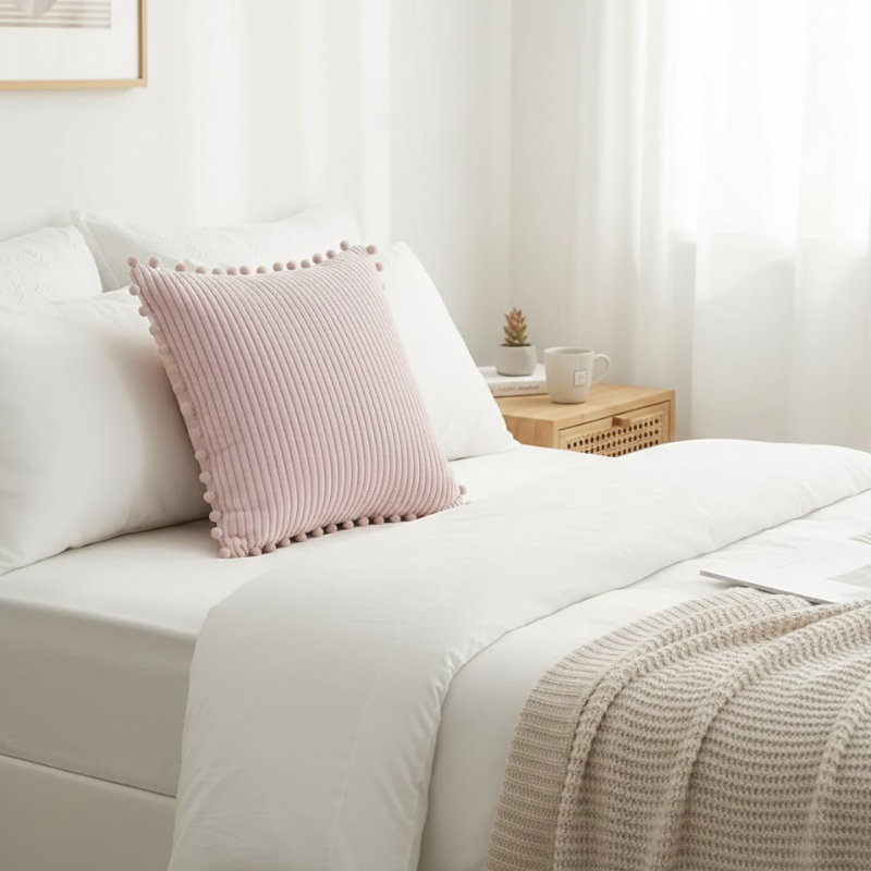 Stilvolle Dekokissenbezüge – Weicher Stoff mit Pompon-Akzenten
