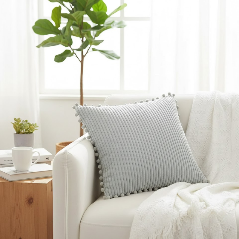 Stilvolle Dekokissenbezüge – Weicher Stoff mit Pompon-Akzenten