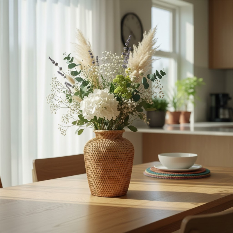 Dekorative Vase aus handgefertigtem Rattan – Warmer, rustikaler Einrichtungsstil