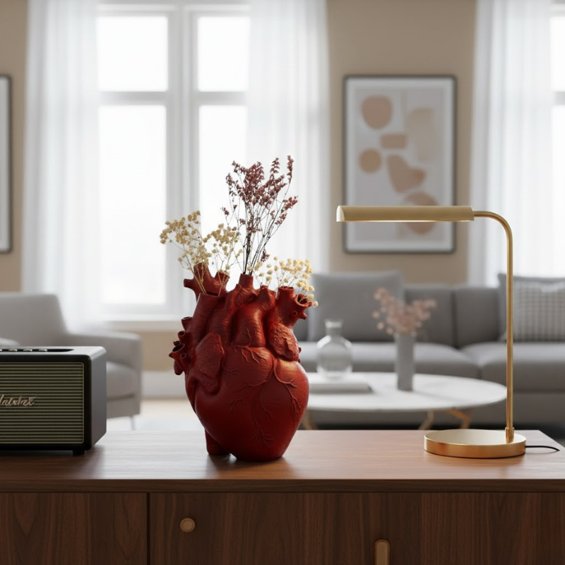 Handgefertigte herzförmige Vase aus Bambus und Holz – Farbenfrohes Wohnaccessoire