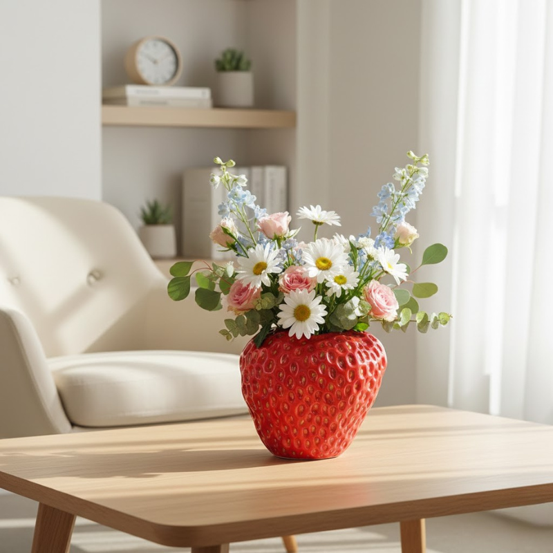 Handgefertigte Erdbeervase aus Keramik – Bezauberndes Blumen-Mittelstück für Zuhause