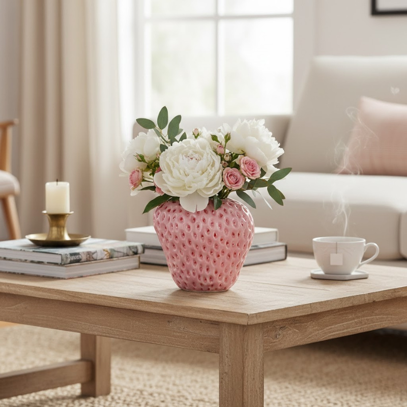 Handgefertigte Erdbeervase aus Keramik – Bezauberndes Blumen-Mittelstück für Zuhause