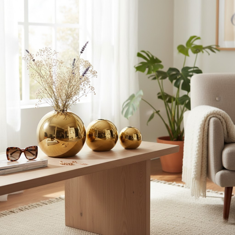 Elegante, goldene, runde Keramikvase – luxuriöses Wohnaccessoire