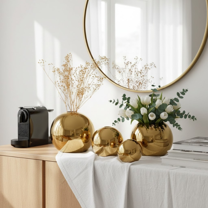 Elegante, goldene, runde Keramikvase – luxuriöses Wohnaccessoire