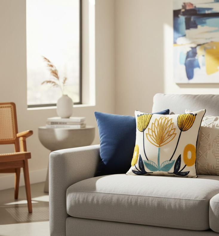 Dekorativer Plüschkissenbezug mit Blumenmuster – kunstvolle Stickerei