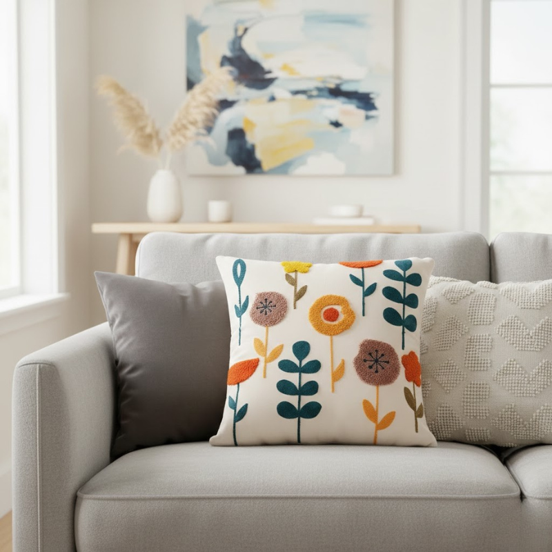 Dekorativer Plüschkissenbezug mit Blumenmuster – kunstvolle Stickerei